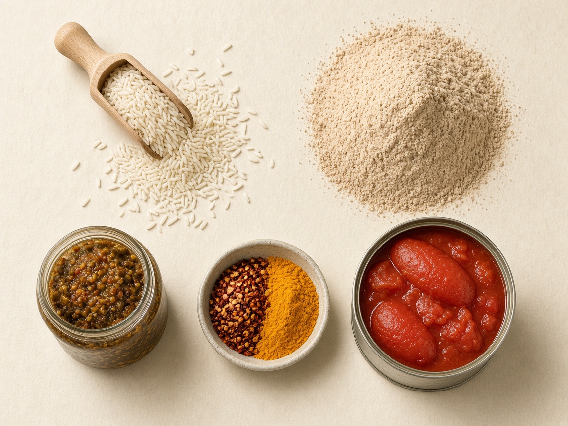 Rice, flour, spices and tomatoes