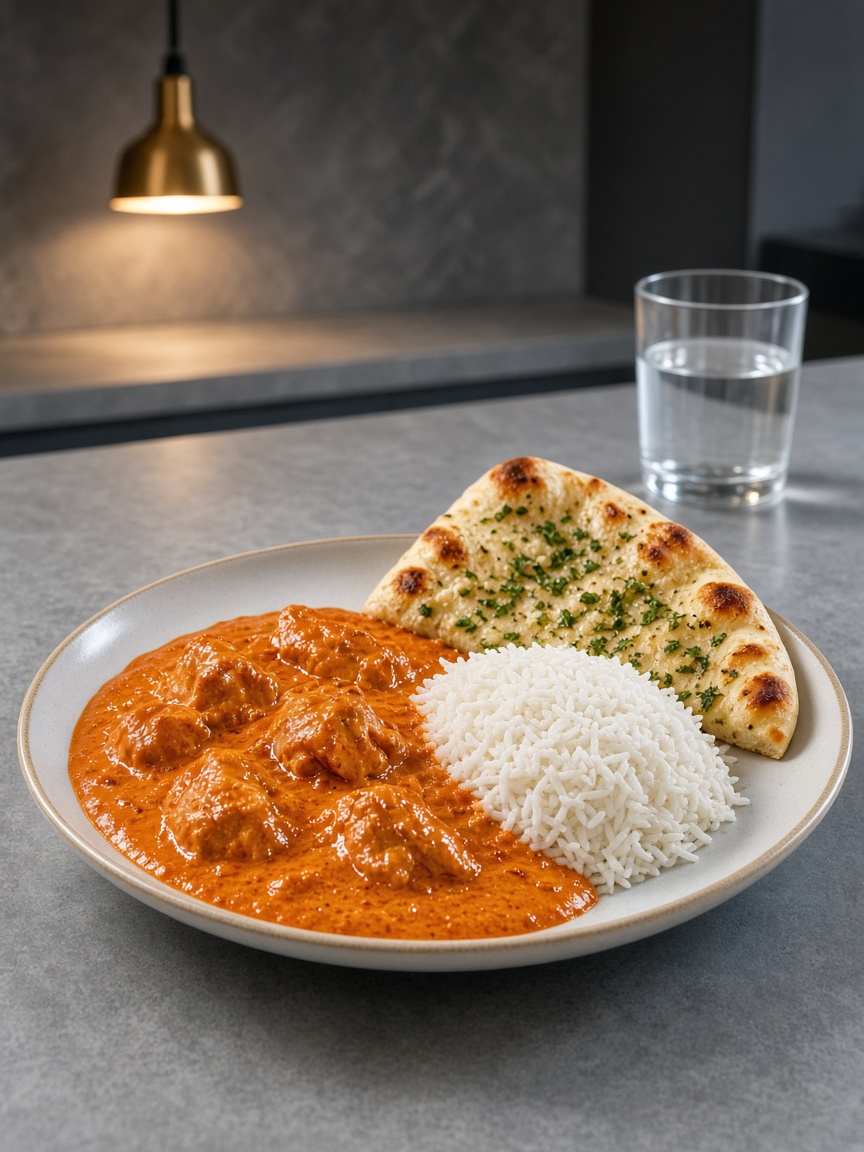 Chicken tikka masala with rice and naan at home